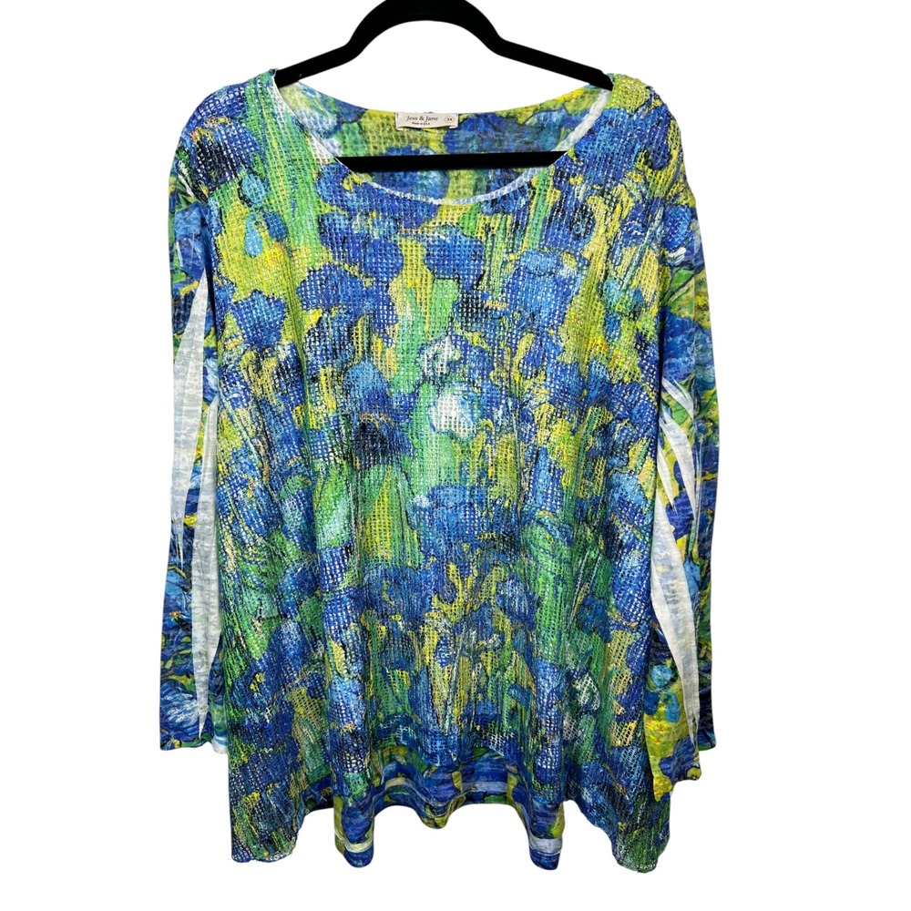 Jess & Jane Floral Waffle Knit Tunic Top Blue Green Boho Abstract Art Blouse 3X